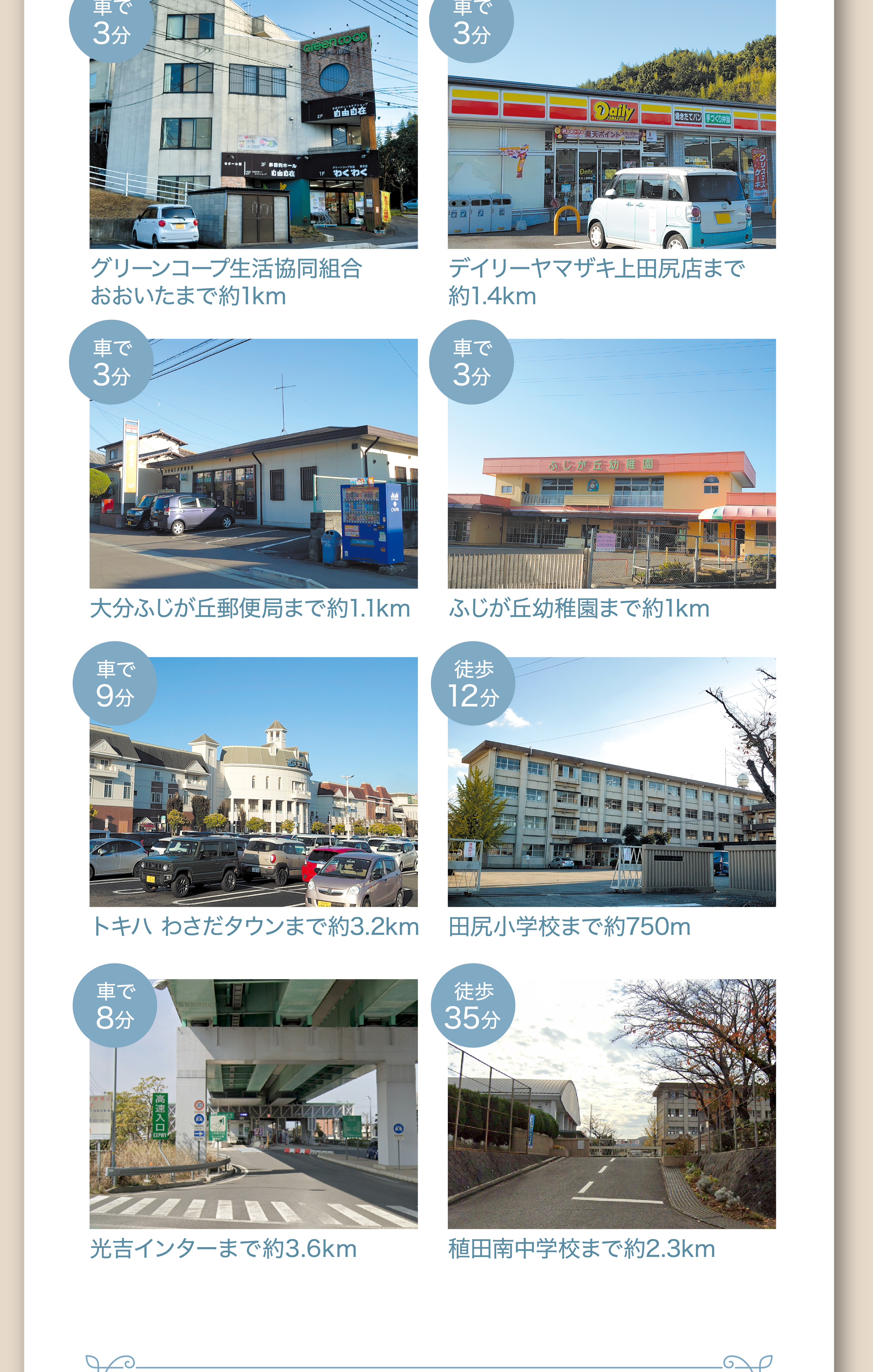 周辺施設 グリーンコープ生活協同組合おおいたまで約1km、デイリーヤマザキ上田尻店まで約1.4km、大分ふじが丘郵便局まで約1.1km、ふじが丘幼稚園まで約1km、トキハ わさだタウンまで約3.2km、田尻小学校まで約750m、光吉インターまで約3.6km、穐田南中学校まで約2.3km